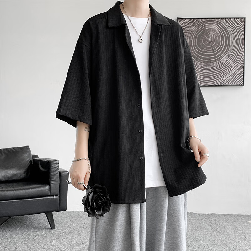 OEMG  夏季薄款短袖衬衫男女潮流垂感七分半袖高级感情侣宽松休闲外套 CS7829-黑色 3XL 【建议160-175斤】