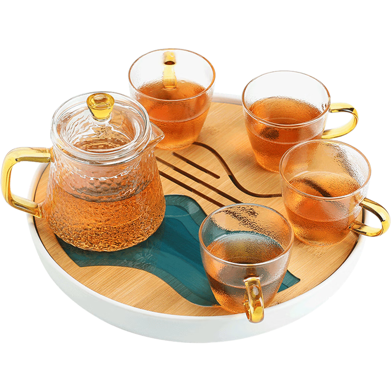 苏氏陶瓷创意茶盘茶具套装配玻璃锤纹泡茶壶带四个手柄茶杯