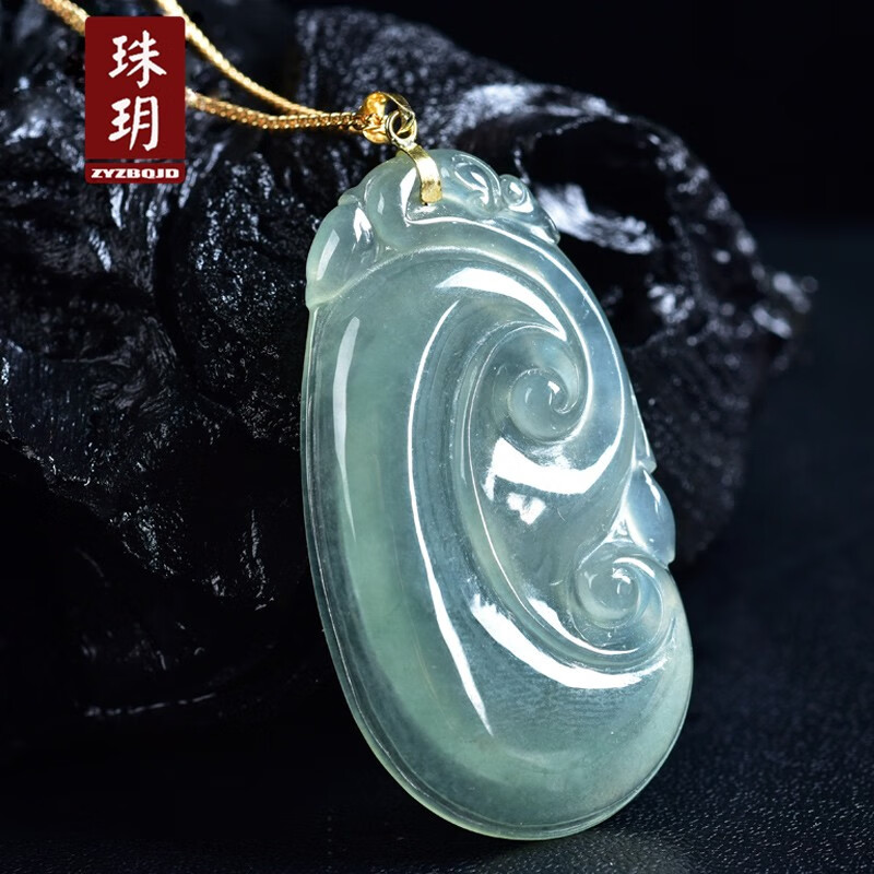 珠玥珠宝 翡翠吊坠女款冰种晴水翡翠18k金扣翡翠如意玉坠男 手工绳款