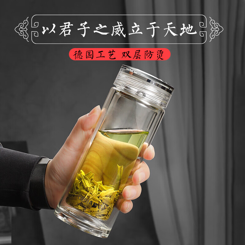 格亚(GEYA)银币杯双层玻璃杯男士高档茶杯商务泡茶杯便携水杯办公室杯子 银龙币杯350ml 礼盒装