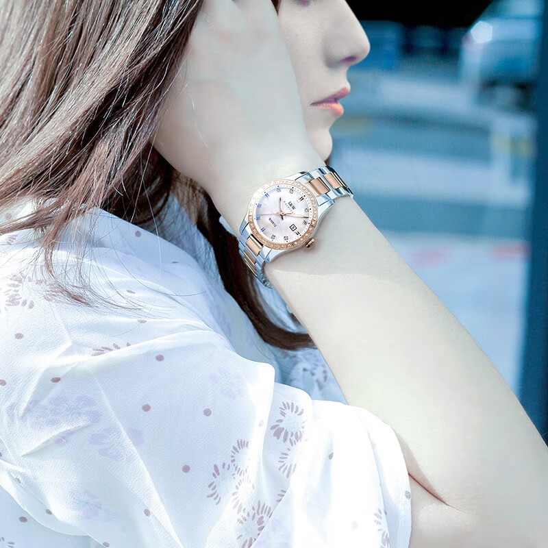 爱沃驰轻奢时尚防水玫瑰金锆石镶嵌石英手表女士表七夕生日礼物送女友 玫金壳白面|间玫钢带