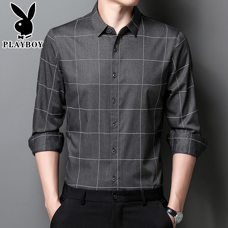 花花公子(playboy)品牌高端春秋装大格子衬衫男长袖灰色免烫中年爸爸