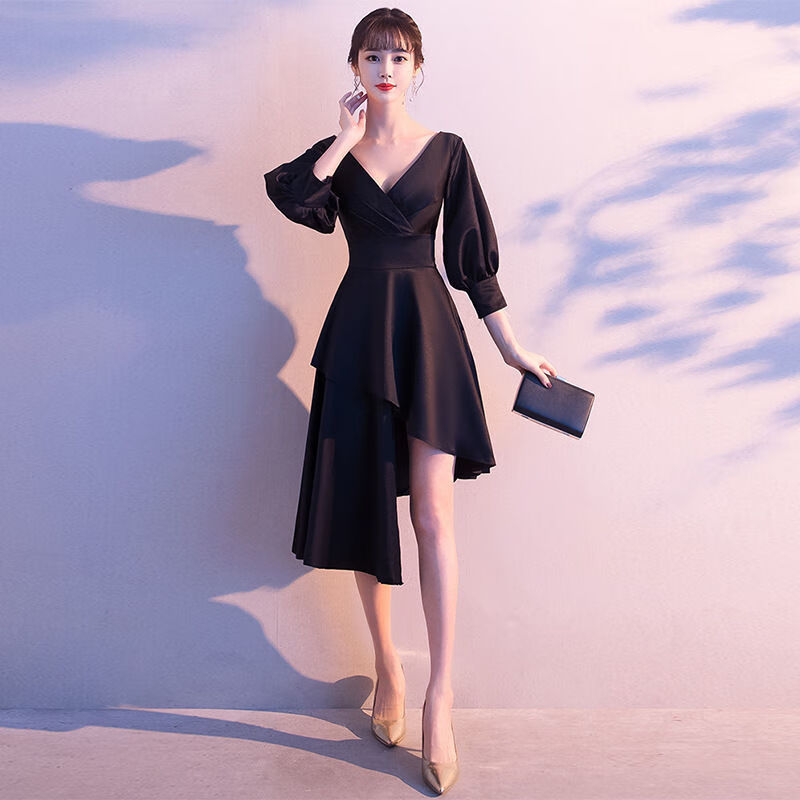 dtck年会礼服女秋冬矮个子晚平时可穿2022新宴会主持人短小v领派 黑色