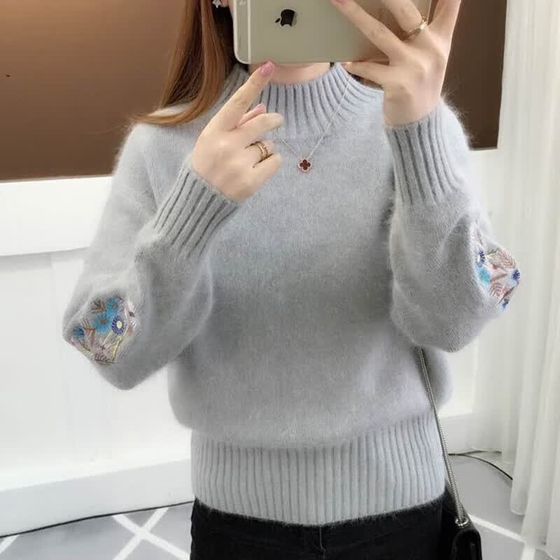 诺煦【包芯纱】半高领毛衣加厚女秋冬季短款刺绣花打底针织衫长袖 灰色 L  建议105-115斤