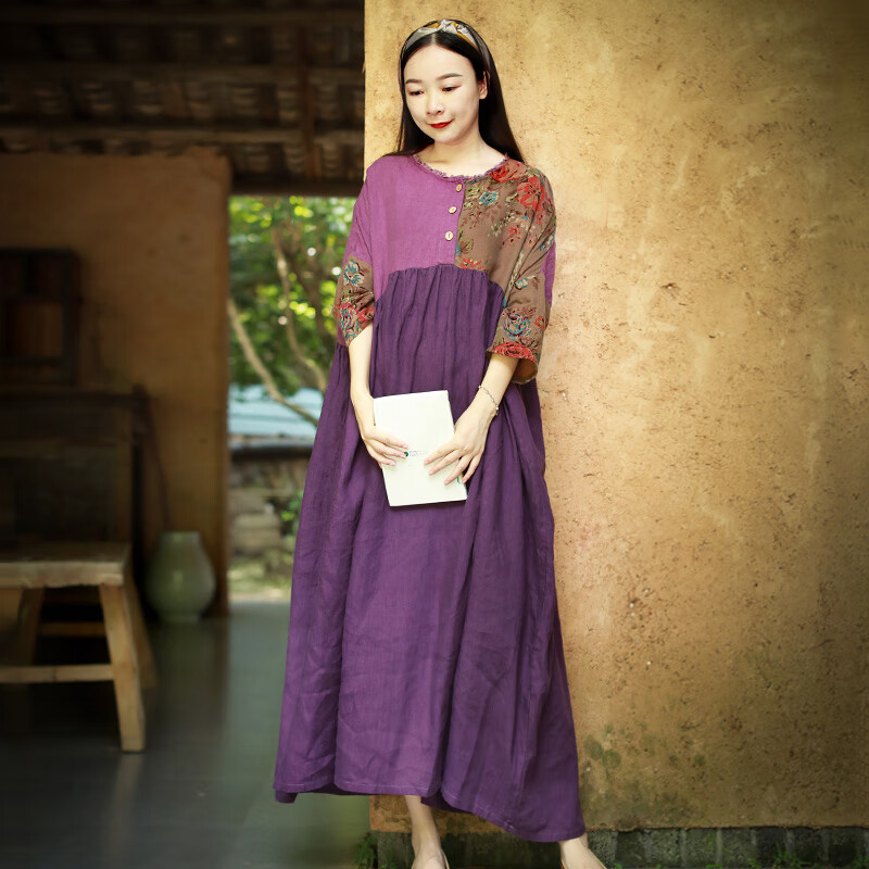 乱在江南原创设计女装民族风棉麻印花连衣裙拼接宽松春夏新品复古大摆