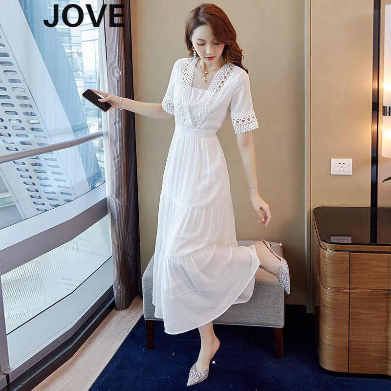 JOVC香港潮牌雪纺连衣裙女夏年新款显瘦气质白色仙气长裙夏天仙女裙子超仙 白色 S
