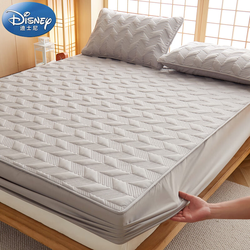 迪士尼（Disney）床笠可水洗A类加厚夹棉床罩床单防尘罩 防滑床垫全包裹透气席梦思保护套 格灰180*200cm