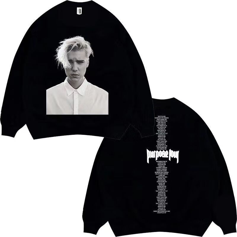 风卫衣2023贾斯汀比伯justinbieber圆领头像高街 圆领卫衣贾斯汀 黑色