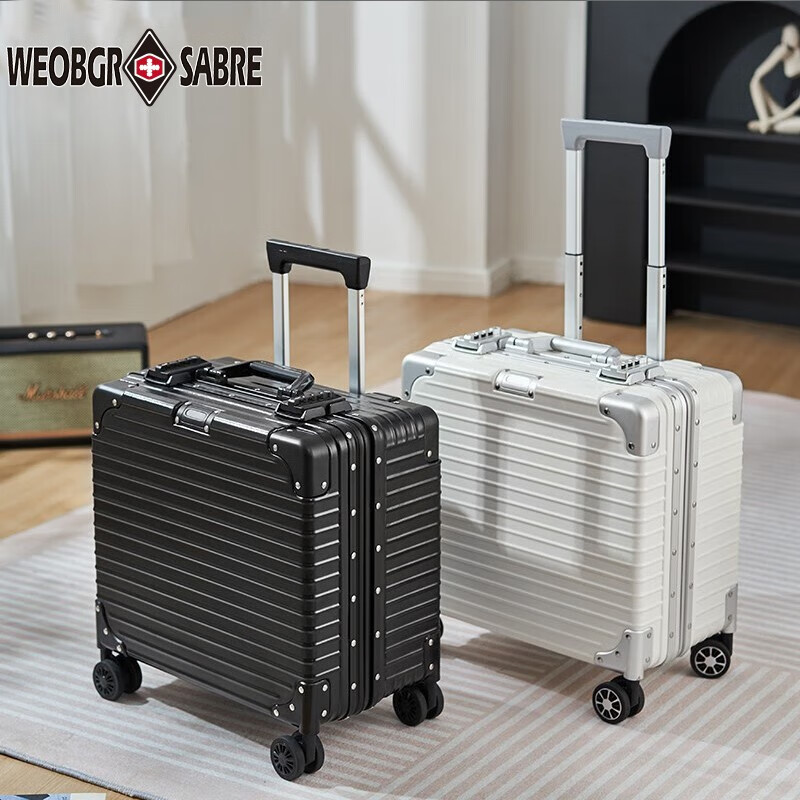 WEOBGR SABRE瑞士军刀小行李箱铝框拉杆箱18英寸登机旅行箱飞机万向轮 曜石黑【铝框升级款】 18英寸【可登机-独立电脑隔层】