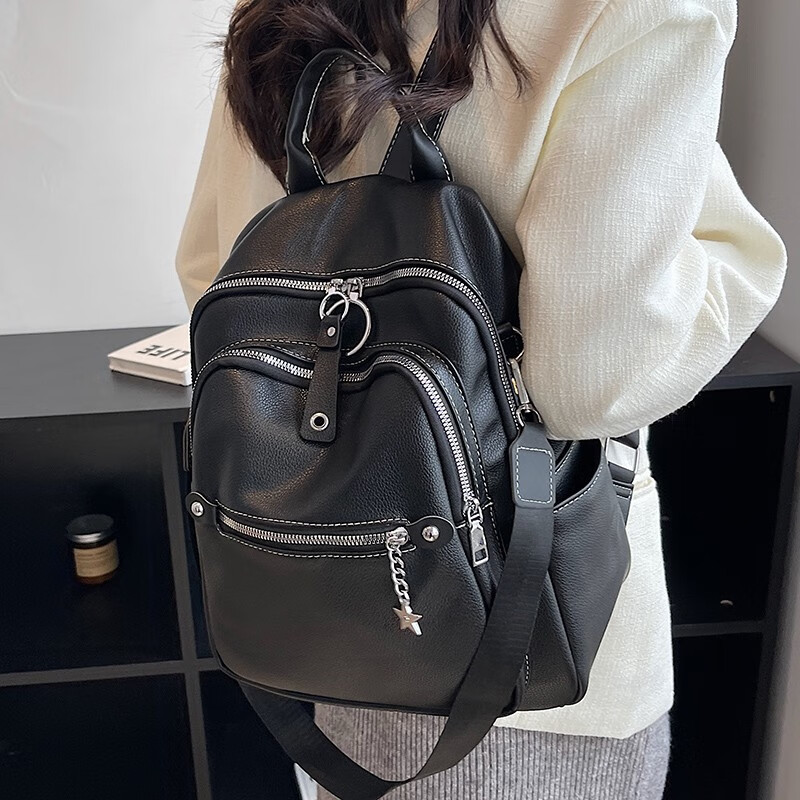 桃花洛pu旅行书包女大学生高级感皮质背包2024新款大容量电脑包双肩包