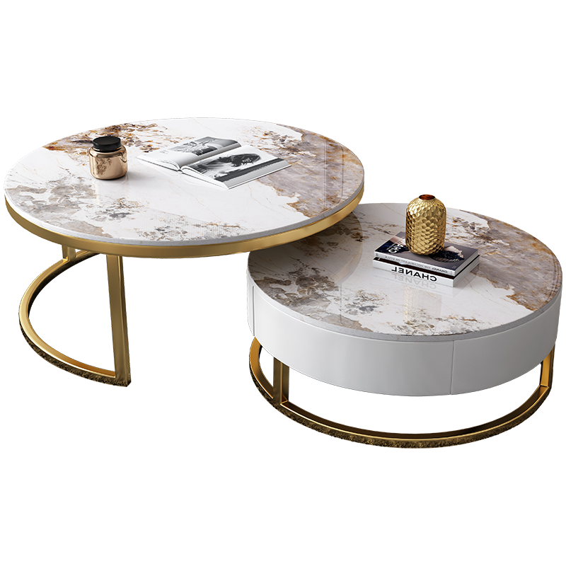 沃兰斯 意式轻奢岩板茶几组合简约现代客厅家用小户型小茶几圆形可储物客厅茶几组合 黑色款(岩板备注颜色) 单抽款(60+45cm)