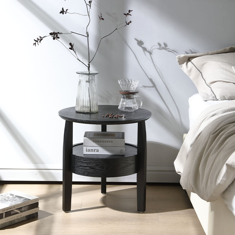 圆形床头柜 北欧圆形床头柜现代简约卧室胡桃色床边柜储物柜设计师