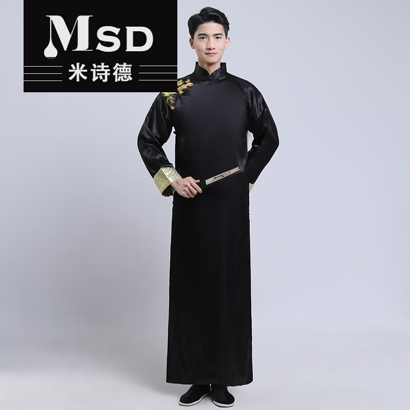 中式婚禮司儀主持服裝相聲服長(zhǎng)衫男民國(guó)大褂中國(guó)風(fēng)伴郎繡花年會(huì)表演演出服 黑色右肩刺繡金龍 L