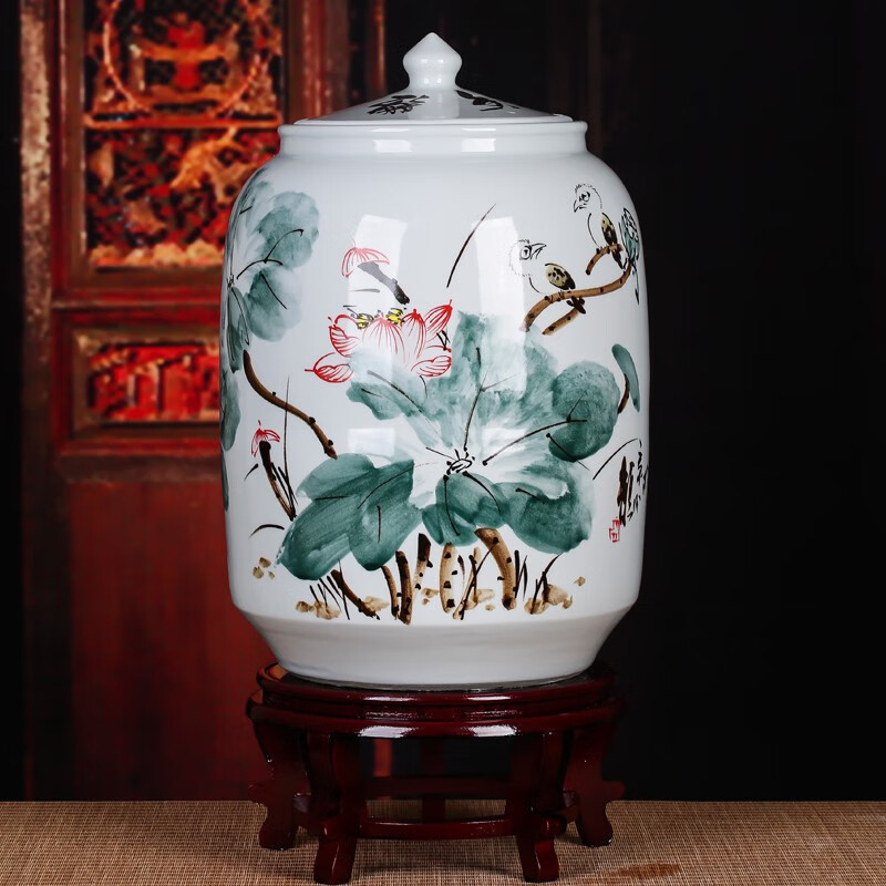 厚古薄今景德镇陶瓷器手绘米缸米桶带盖50斤装面缸储物罐家居酒店餐厅