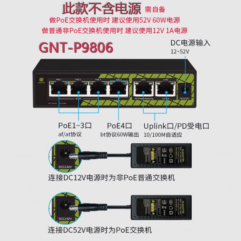 口4 2标准poe交换机 bt协议大功率1分3拖4级联宝 一分四无源级联交换