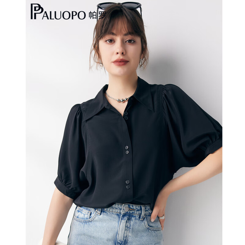 帕罗（PALUOPO）【慵懒气质】夏季季真丝衬衫领质感纯色泡泡袖桑蚕丝女士上装衬衣 黑 M (160/84A)