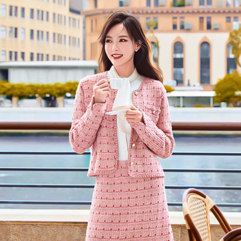 衣若彩小香风西装套装两件套春唐嫣女粗花呢短外套2022秋冬半身裙