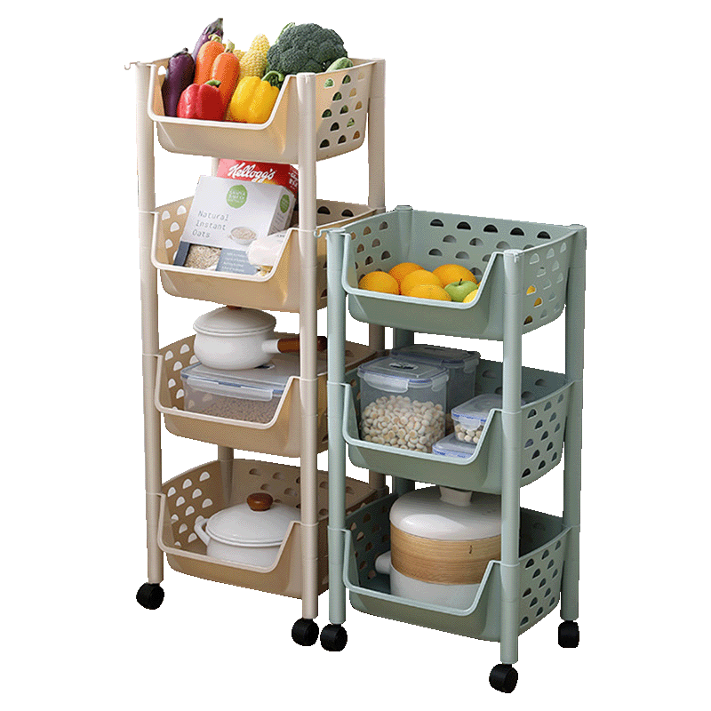 厨房置物架浴室客厅卫生间落地多层储物筐蔬菜水果菜篮子玩具收纳架子 三层+顶盖卡其