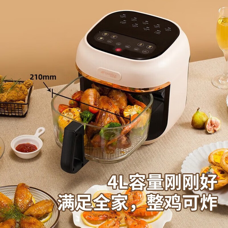 山水（SANSUI）空气炸锅家用全自动多功能高颜值可视电炸锅烤箱无油烟可拆卸炸蓝易清洗团购送礼公司福利送长辈 杏黄色(可视化玻璃锅体) 4L