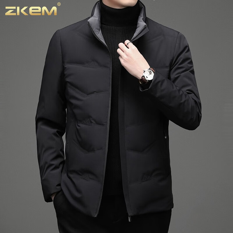 ZKEM奢侈高端品牌羽绒服男士工装衣服外套纯色立领白鸭绒保暖羽绒 黑色 M