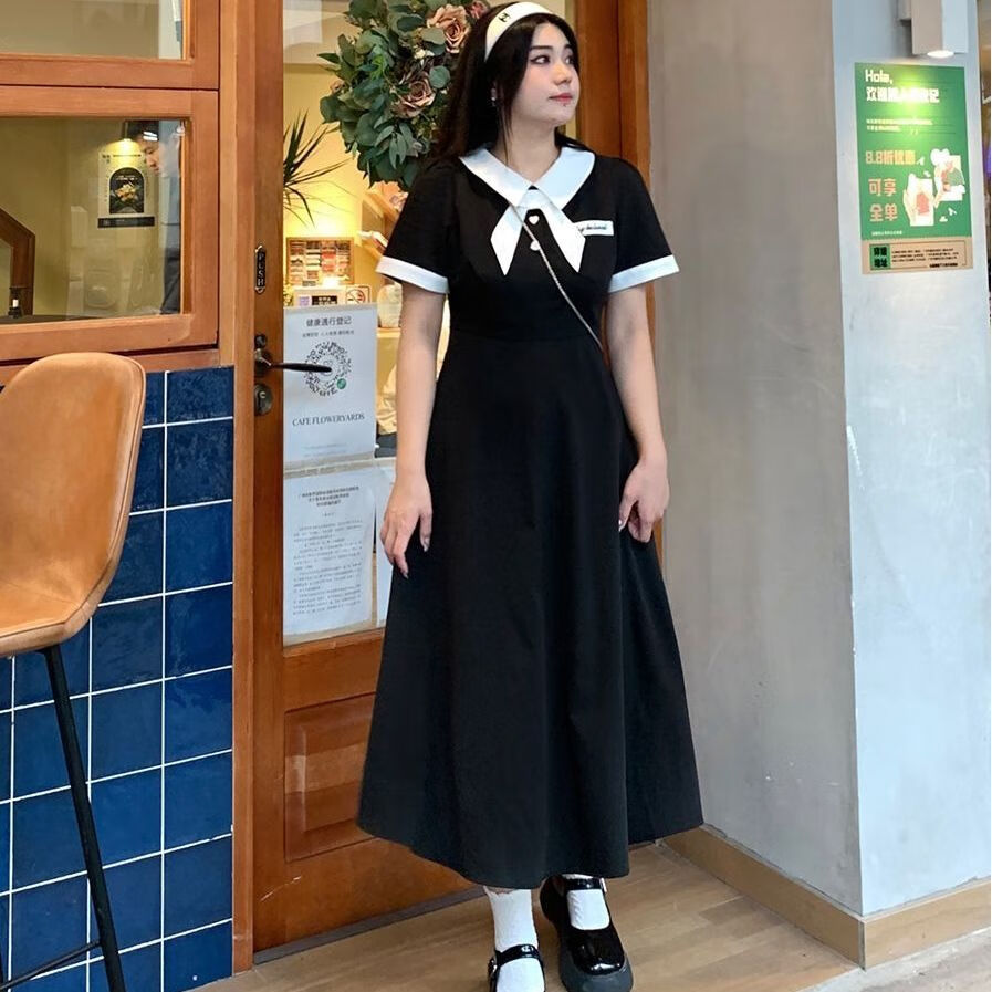晓西连衣裙胖子穿的裙子加肥加大码数撞色翻领连衣裙女收腰2023夏微胖