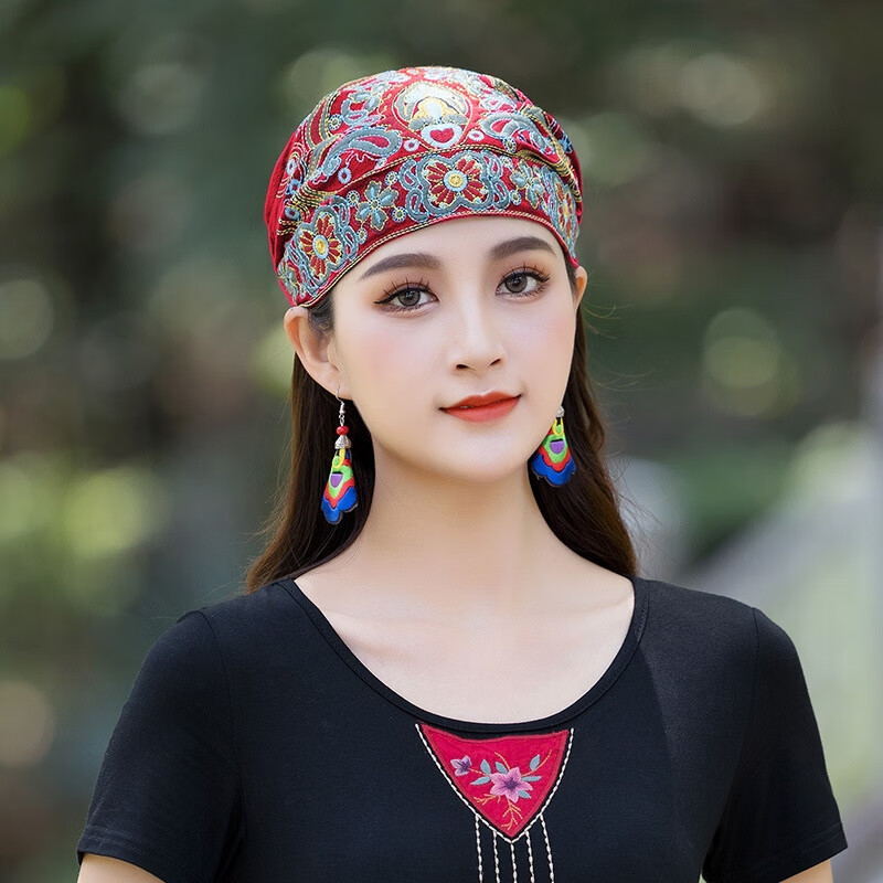 確不凡回族女式包頭帽民族風(fēng)刺繡帽子頭巾套頭春秋薄款頭巾帽復(fù)古女款 酒紅色 帽子（均碼