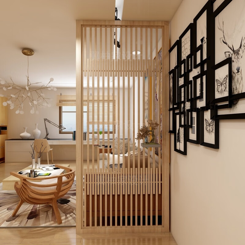 沃皓(wohao)北欧日式屏风客厅玄关进门入户花格客餐厅镂空隔断原木色