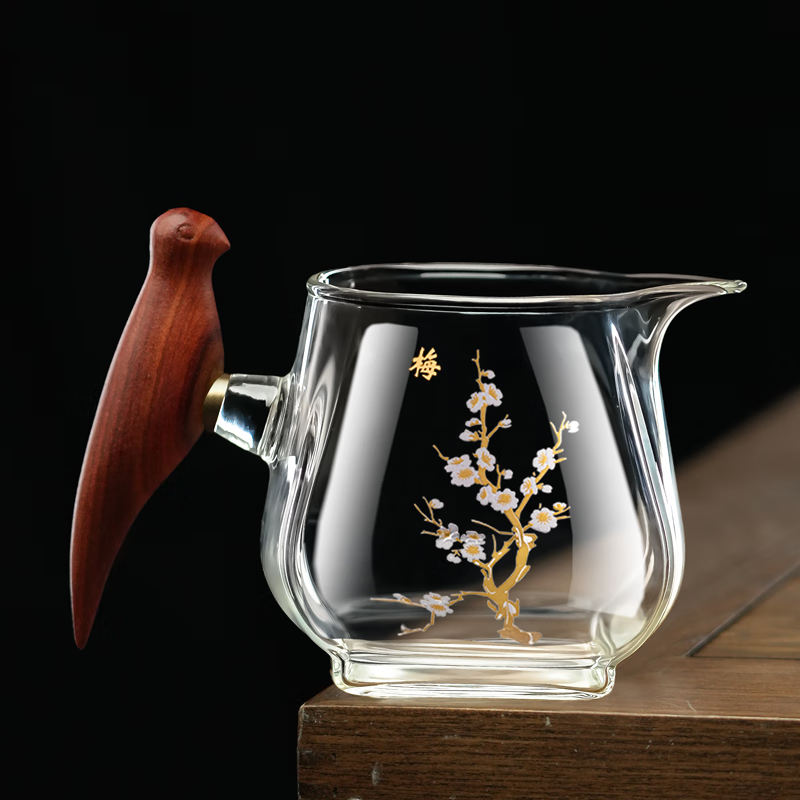 高茗（gaoming）加厚木把玻璃公道杯耐热茶漏茶滤套装日式茶海过滤分茶器茶具配件 雀梅公杯【360ml】