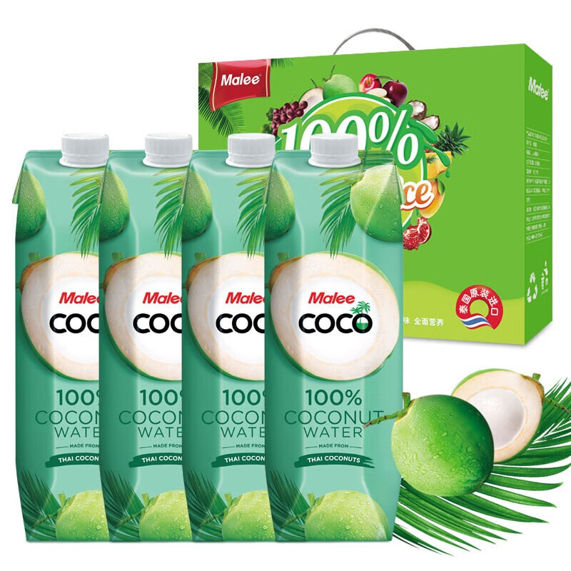 玛丽（Malee ）泰国进口  100%椰子水新鲜椰汁孕妇果汁青椰 NFC果汁饮 1升*4瓶 礼盒装 椰子水1L*4礼盒装