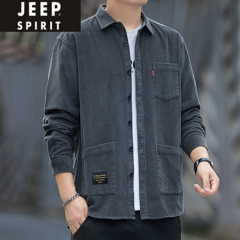JEEP SPIRIT重磅新款纯棉灯芯绒长袖衬衫男士秋冬款港风工装全棉衬衣外套大码 黑色(三口袋) C608 M (建议95-115斤)