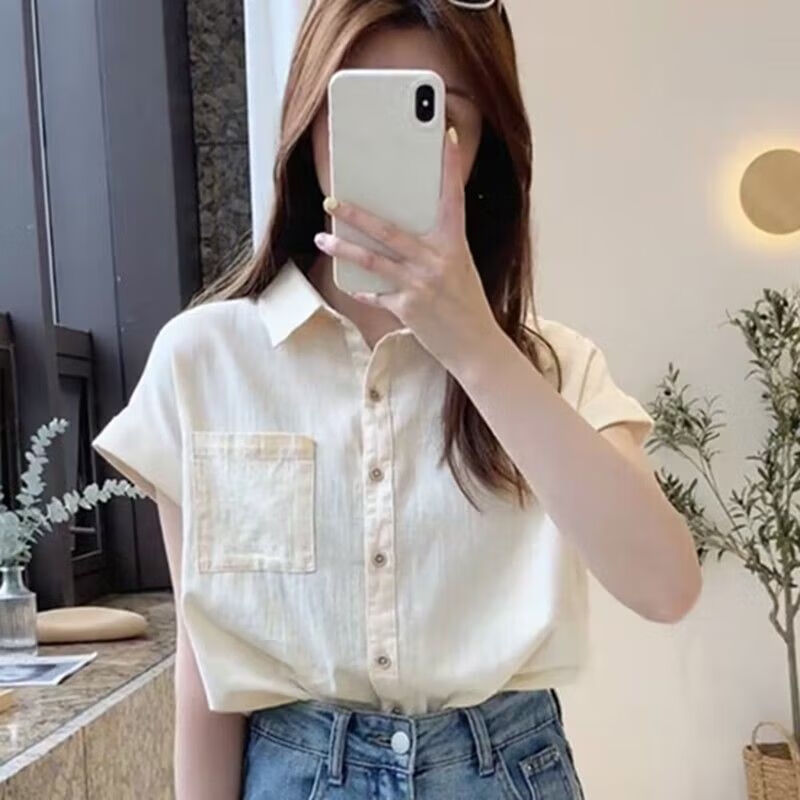 裤子女法式polo领短袖衬衫2023夏季新款高腰显瘦直筒牛仔 米白色上衣