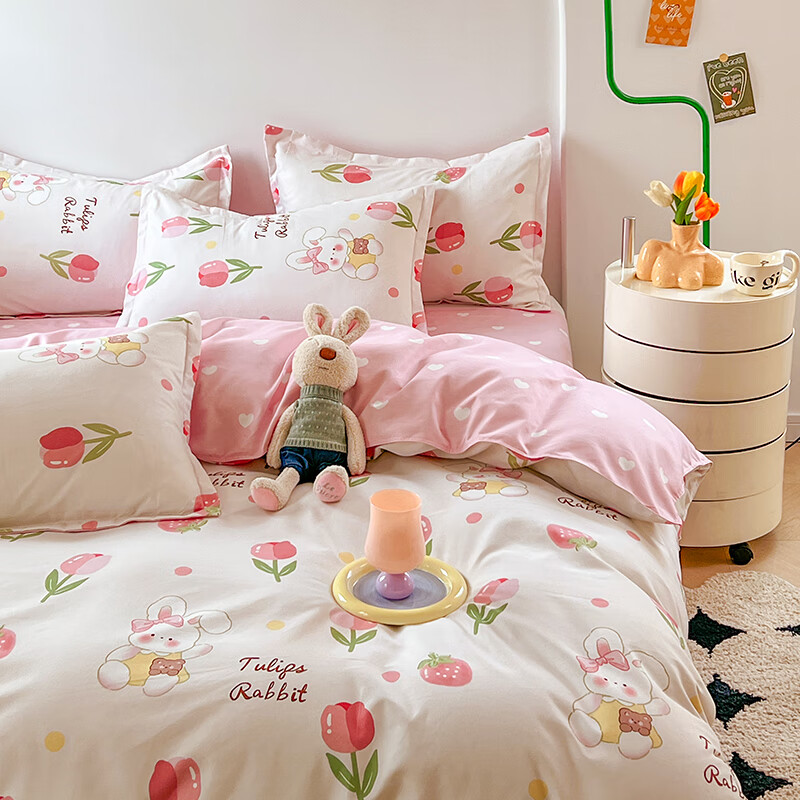 羽匠春季少女小清新印花四件套学生宿舍套件家用床单柔软四件套 洛神玫瑰 床单款 床四件套(被套200*230cm)