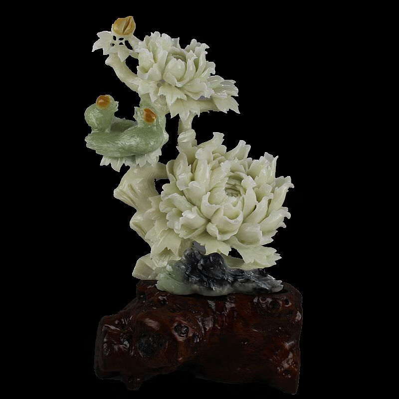 知茗 天然玉石摆件精品岫玉大摆件岫岩玉牡丹花开富贵原石家居客厅