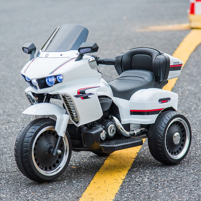 小嘎子 儿童电动摩托车双人充电三轮车超大号宝宝玩具车双驱童车三轮车 白色+早教+皮座+2个/6V4.5A电瓶