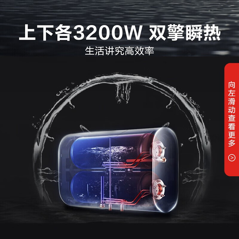 美的（Midea）50升扁桶电热水器3200W双胆双擎速热 纤薄小体积健康洗 智能家电F5032-DV5(HY) 