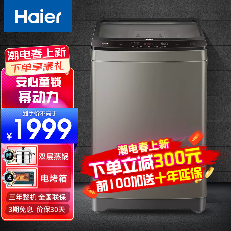 海尔（Haier）防缠绕波轮洗衣机全自动家用大容量安全童锁强力去污操作简单智能预约洗 幂动力+防缠绕+柔护内筒【12公斤灰色定频】