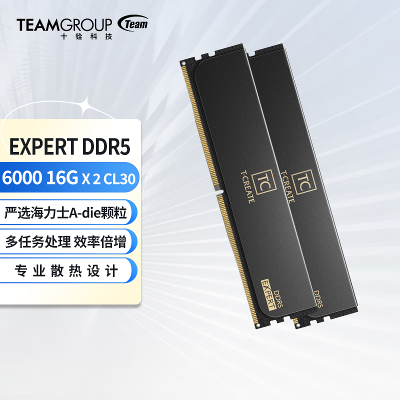 十铨科技T-CREATE EXPERT DDR5 7200/6800/6400/6000 台式机内存条/Intel XMP DDR5 32G(16Gx2) 6000 C30 黑