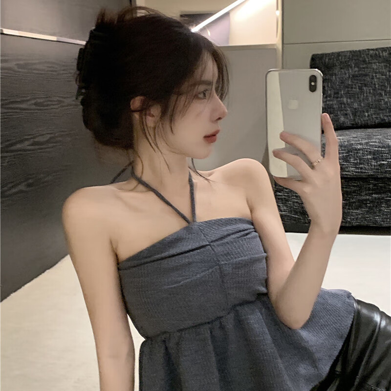 路林狼挂脖小吊带背心女夏季色气质抹胸收腰裙摆短款露肩设计感上衣潮