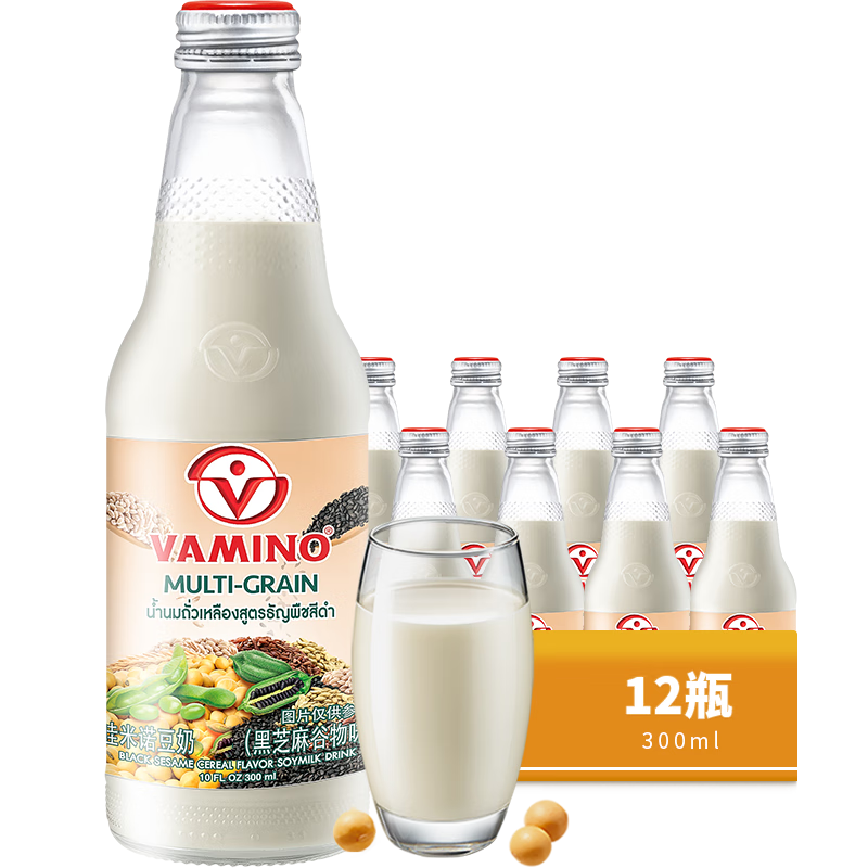 哇米諾vamino 泰國(guó)進(jìn)口豆奶植物蛋白奶 玻璃瓶裝豆?jié){營(yíng)養(yǎng)早餐奶飲料飲品 【黑芝麻谷物味】豆奶300ml*12瓶