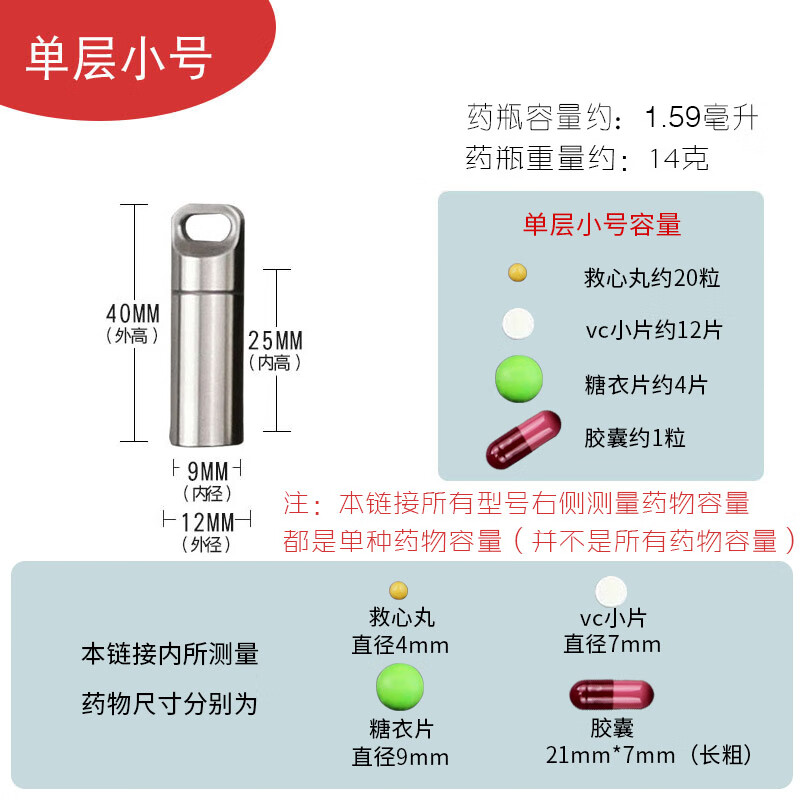 伽嗒药盒不锈钢迷你防水仓便携随身密封舱小药瓶急救药丸分装盒钥匙扣 P1单层小号 药盒带切药器