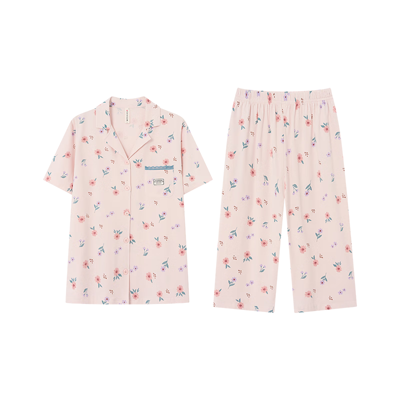 芬腾 睡衣女纯棉夏夏季新款清新简约翻领短袖可外穿家居服套装 樱花粉 M