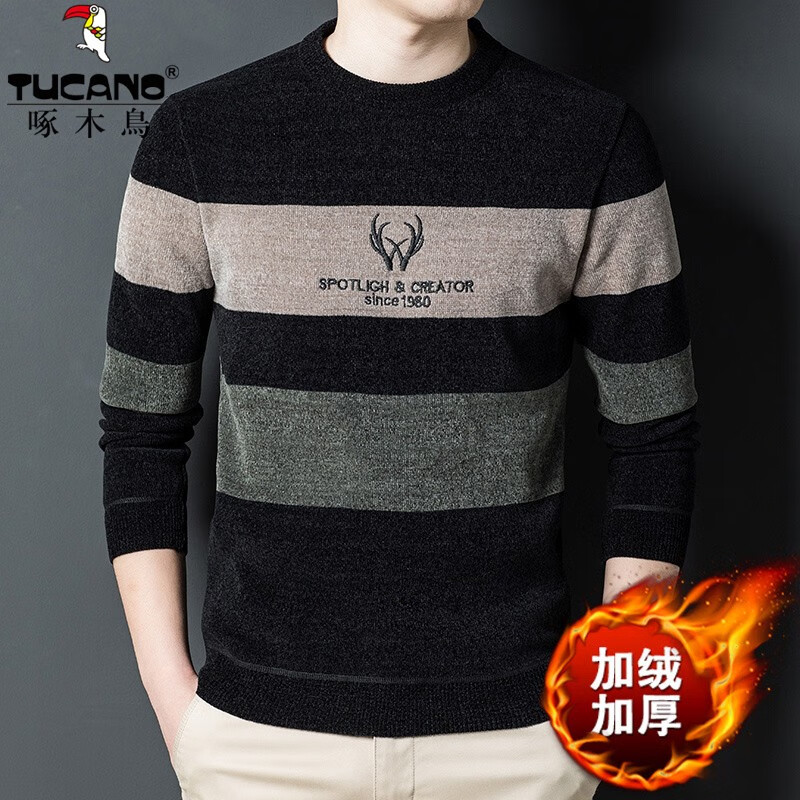 啄木鸟（TUCANO）毛衣男圆领印花加绒加厚针织衫冬季中青年宽松保暖套头打底衫 YZ862蓝色 L (170) 推荐110-130斤