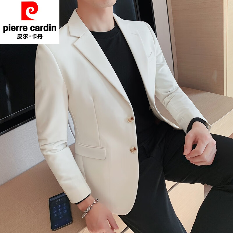 皮尔卡丹（pierre cardin）休闲小西装外套男士春秋季单西英伦雅痞男装高级感休闲西服上衣 米白色 XL