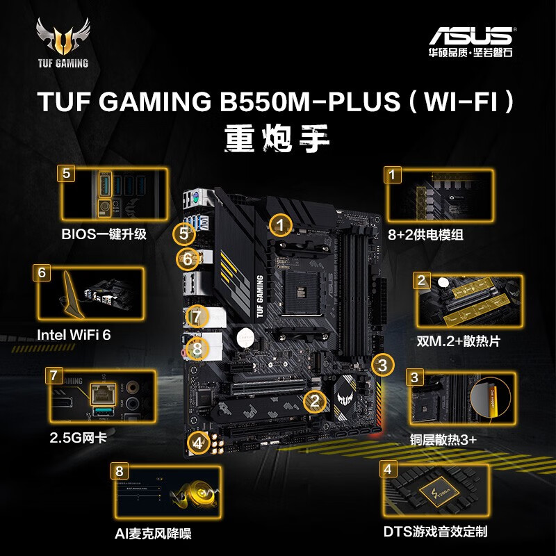华硕（ASUS）TUF GAMING B550M-PLUS (WI-FI) 重炮手主板支持CPU 5600X/5600G/5700G（AMD B550/socket AM4）