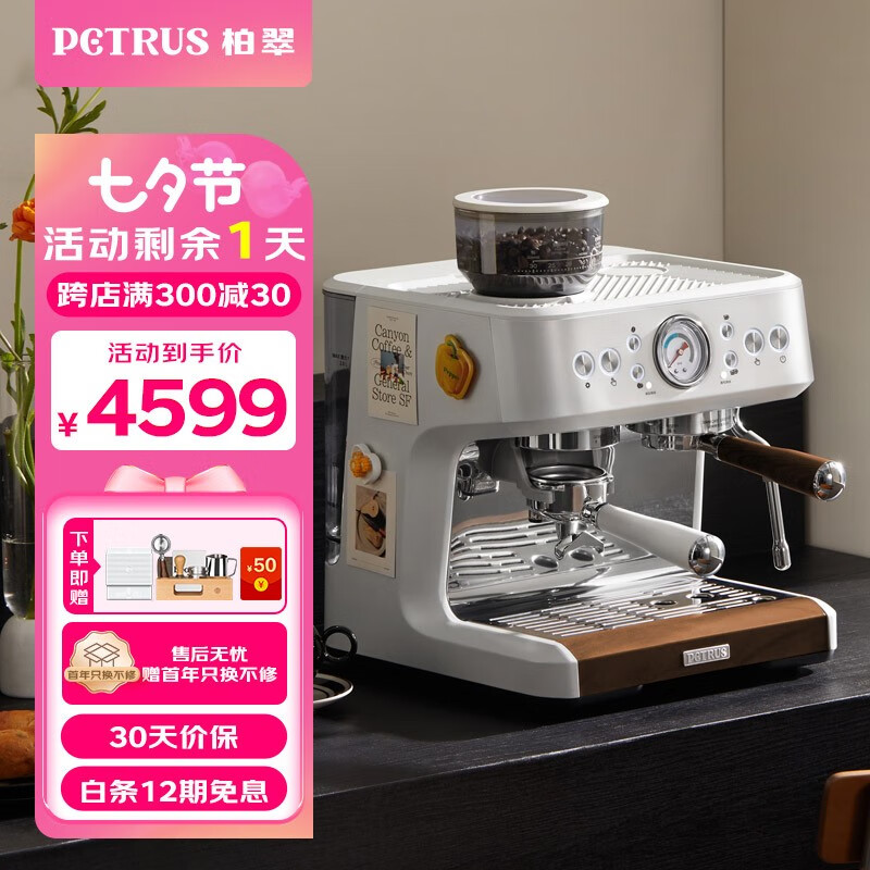 柏翠（petrus）意式咖啡机全半自动家用研磨一体机咖啡机小型半自动双泵双手柄商用咖啡机 PE3899 星光海盐白