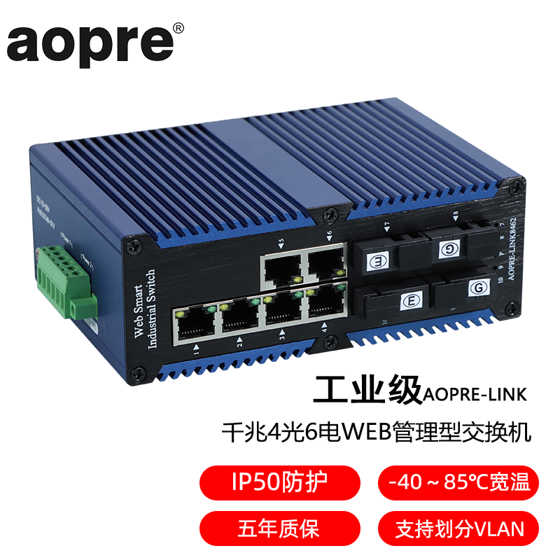 AOPRE-LINK(欧柏互联)工业级WEB网管型2光8电2光4电4光6电交换机支持环网导轨安装 WEB管理千兆4光口6电口LINK8462 单模双纤