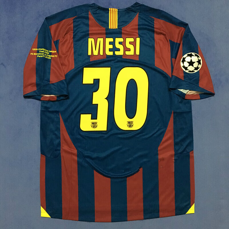 shxi欧冠版复古老球衣0506巴萨主场梅西足球服 红蓝单短袖_无号无章 s