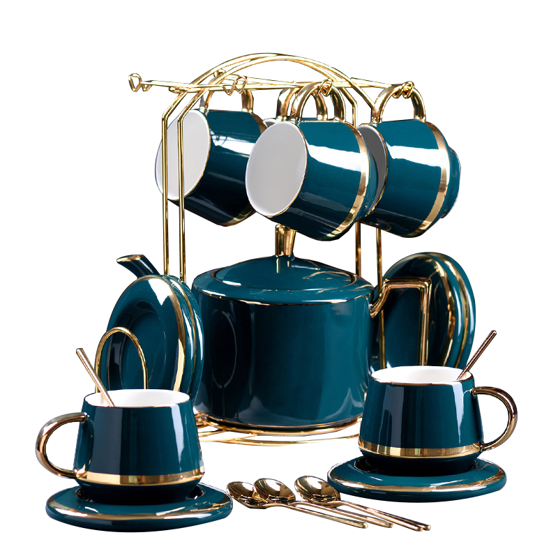 古莜 咖啡杯套装 英式陶瓷茶具茶杯欧式冷水壶礼盒套装 孔雀绿金边一壶六杯碟勺（杯架）