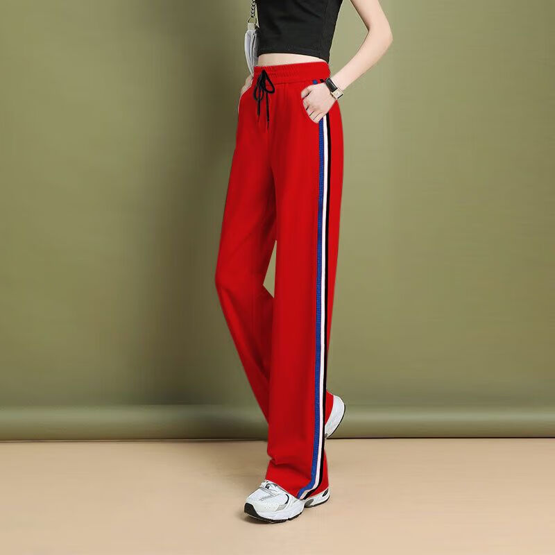 蓝骏启阔腿裤女春秋季高腰时尚条纹直筒裤休闲运动广场舞蹈裤子 红色