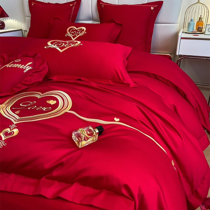 ROLAND LIVE新中式纯棉婚庆四件套大红色结婚全棉刺绣喜床上用品婚房 HJ全棉刺绣婚庆套件-典雅 1.8/2.0米床 四件套(床单式)